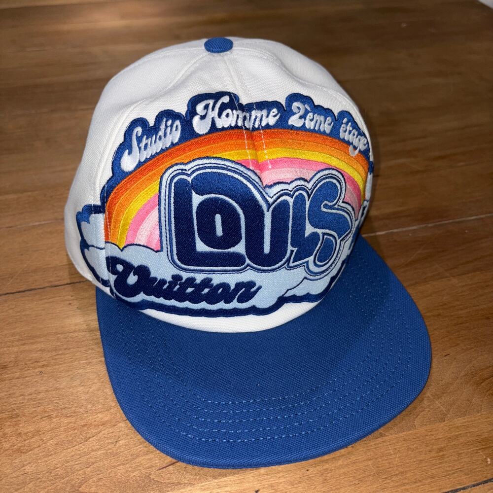 LouiVuitton Studio Homme Rainbow Cap White Blue Leather Strap Hat SS23 Virgil